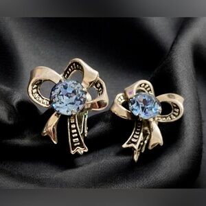 Elegant Vintage Estate Bow Clip Earrings with Blue Gemstone